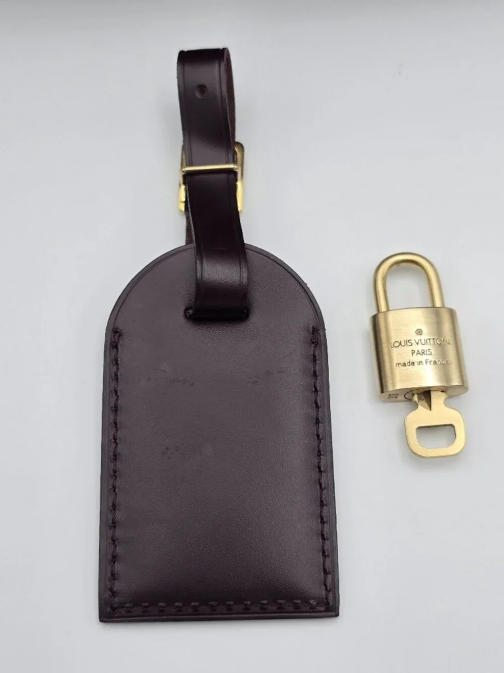 Authentic Louis Vuitton Brown Luggage Tag & Gold Padlock with Key-Made in France
